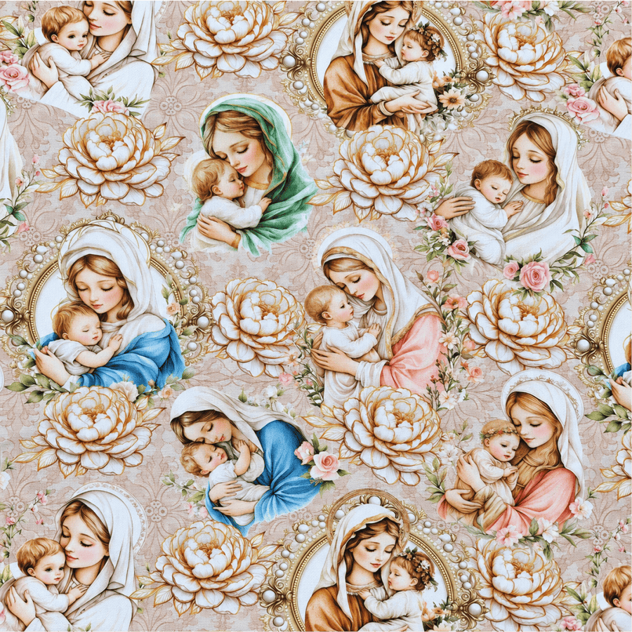 Tecido Tricoline Nossa Senhora com Menino Jesus e Flores Douradas 100% Algodão