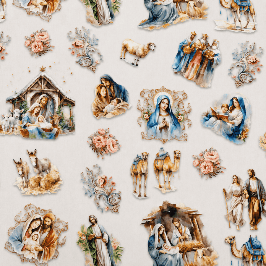 Tecido Tricoline 100% Algodão Estampa Religiosa – Presépio, Sagrada Família e Reis Magos