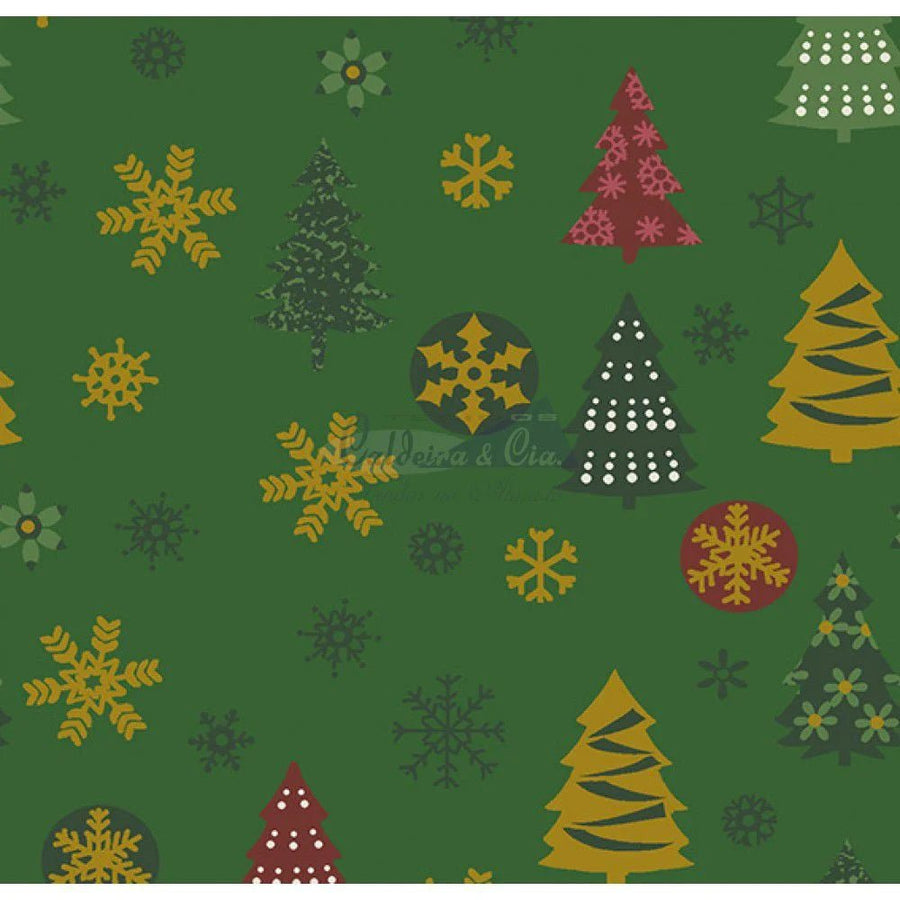 Tecido Tricoline Arvore de Natal e Flocos (Verde), 100% Algodão
