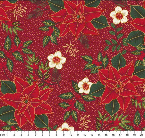 Tecido Tricoline Flores de Natal Vermelho 100% Algodão