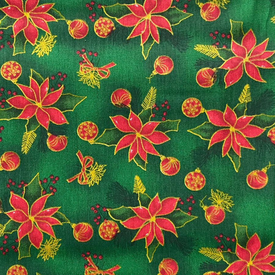 Tecido Tricoline Natal Floral com Bolas (Verde), 100% Algodão
