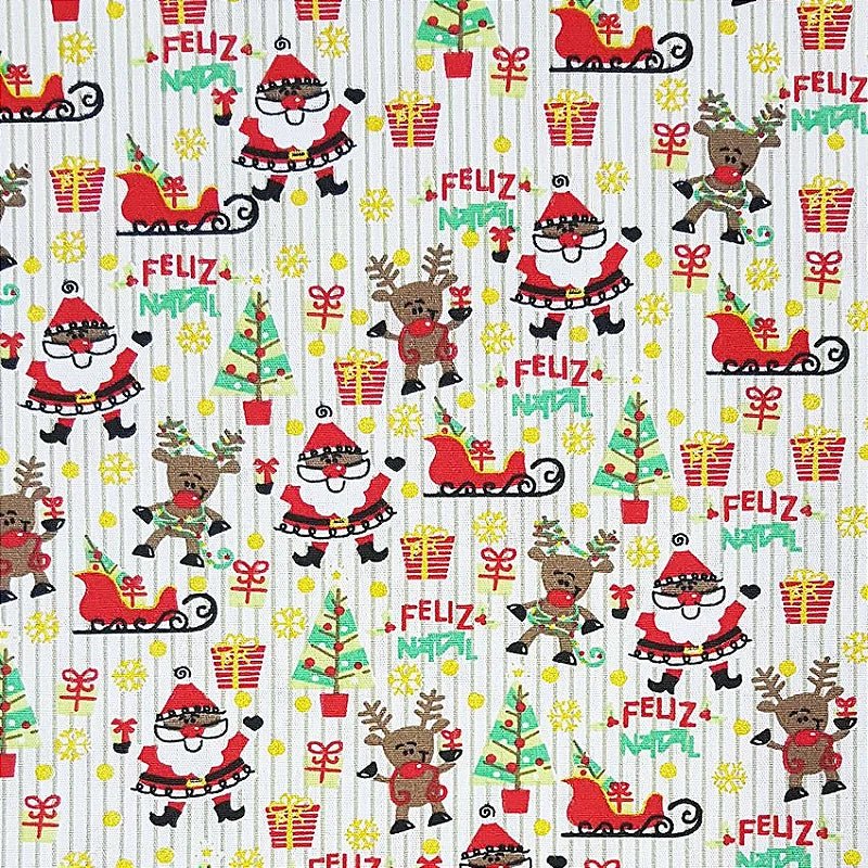 Tecido Tricoline Natal Papai Noel Com Trenó Branco, 100% Algodão