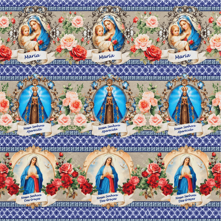 Tecido Tricoline Nossa Senhora Maria, Aparecida e das Graças com Rosas 100% Algodão