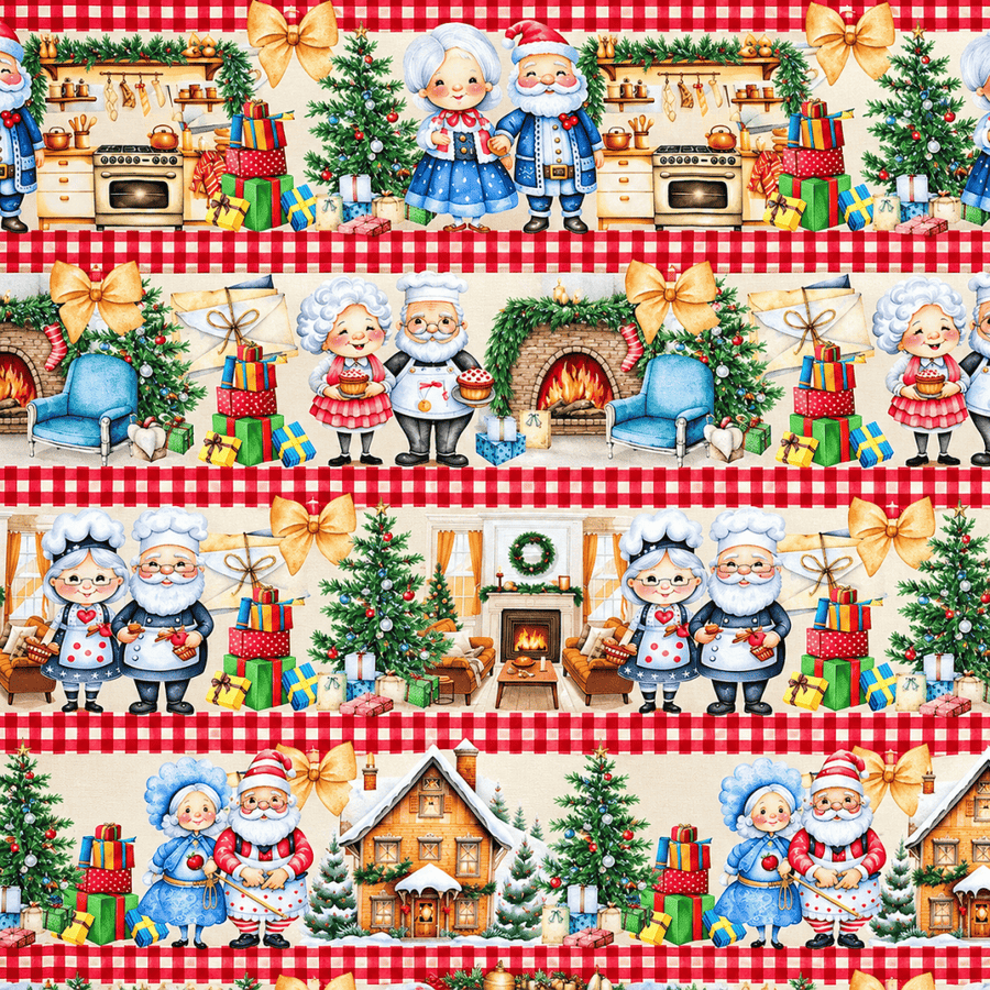 Tecido Tricoline Natal Encantado com Vovó, Papai Noel e Presentes 100% Algodão