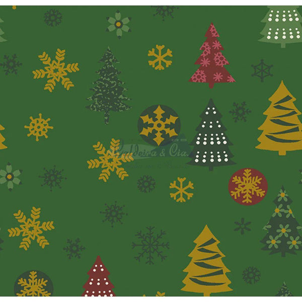 Tecido Tricoline Arvore de Natal e Flocos (Verde), 100% Algodão