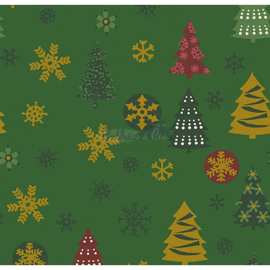 Tecido Tricoline Arvore de Natal e Flocos (Verde), 100% Algodão