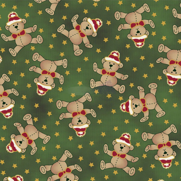 Tecido Tricoline Estampado Natal Ursinhos (Verde), 100% Algodão