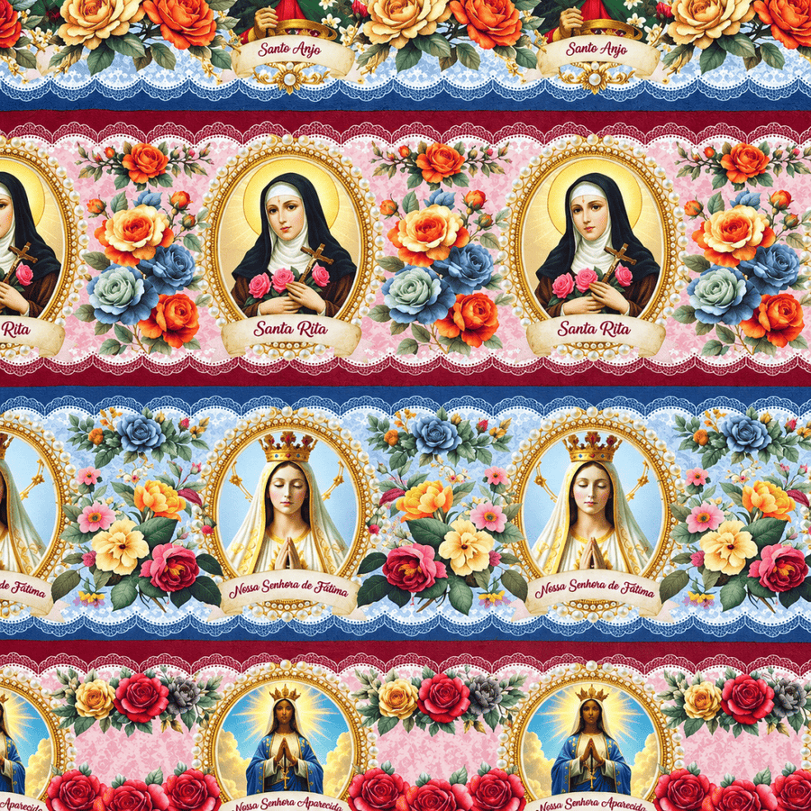 Tecido Tricoline Religioso Santos e Nossa Senhora com Rosas 100% Algodão