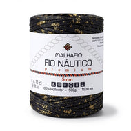 Fio Náutico 100% Poliéster para Bolsas, Crochê e Decoração — Mesclado Preto e Dourado