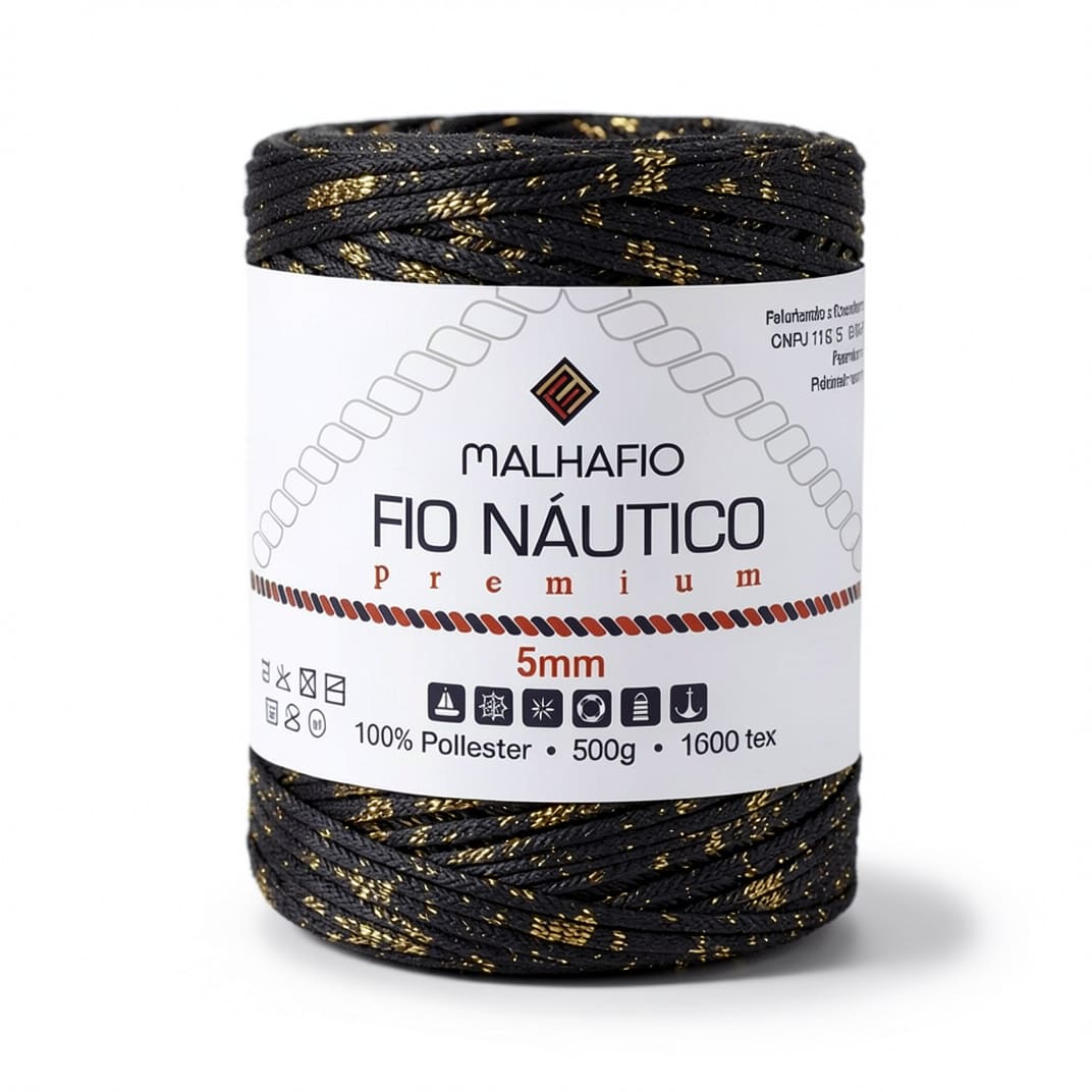 Fio Náutico Mesclado Preto e Dourado Malhafio - Ariel Malhas | Universo do Artesão