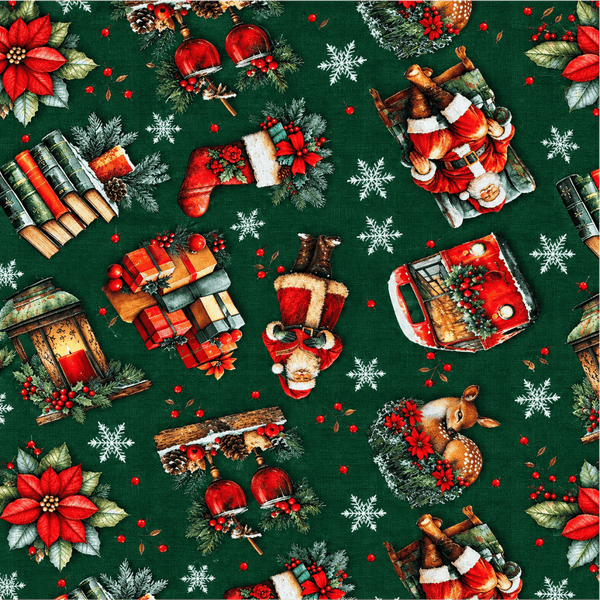Tecido Tricoline Estampa Natalina Clássica Papai Noel Fundo Verde