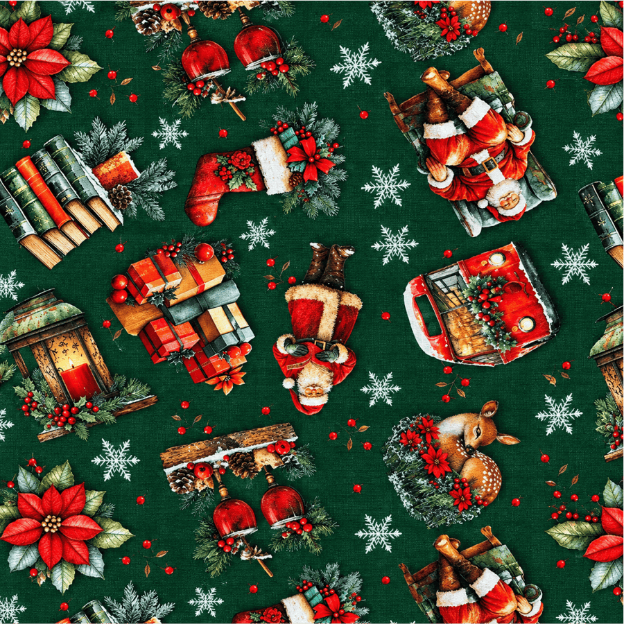 Tecido Tricoline Estampa Natalina Clássica Papai Noel Fundo Verde