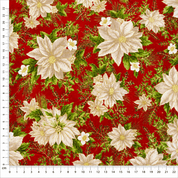 Tecido Tricoline Flores Brancas de Natal Vermelho 100% Algodão