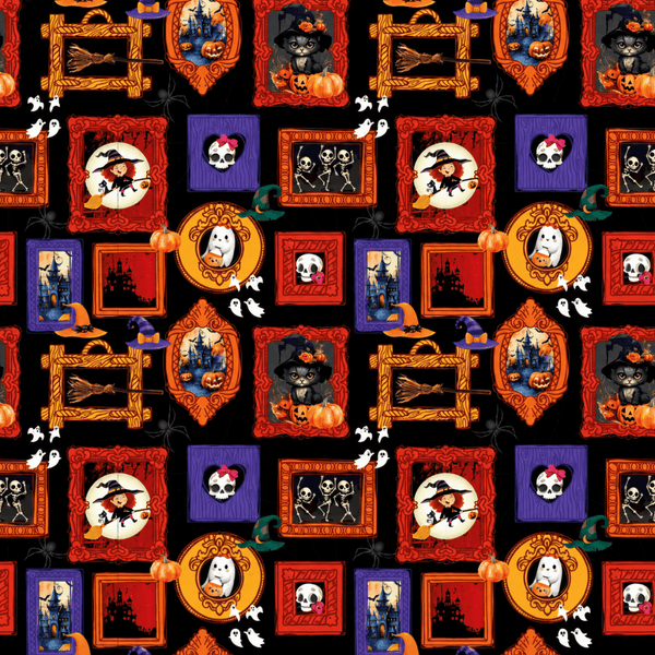 Tecido Tricoline Halloween Doces ou Travessuras Molduras e Quadros Fundo