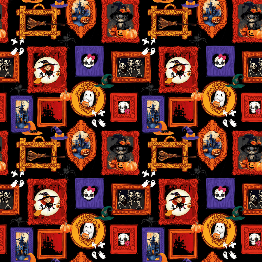 Tecido Tricoline Halloween Doces ou Travessuras Molduras e Quadros Fundo