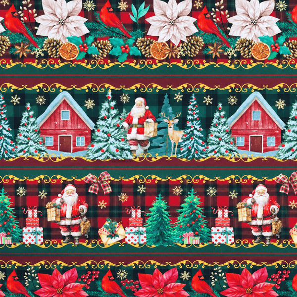 Tecido Tricoline Natal Encantado com Papai Noel e Cardeais 100% Algodão