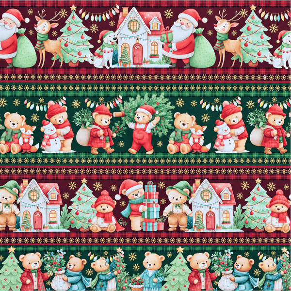 Tecido Tricoline Natal Encantado com Ursinhos e Papai Noel 100% Algodão
