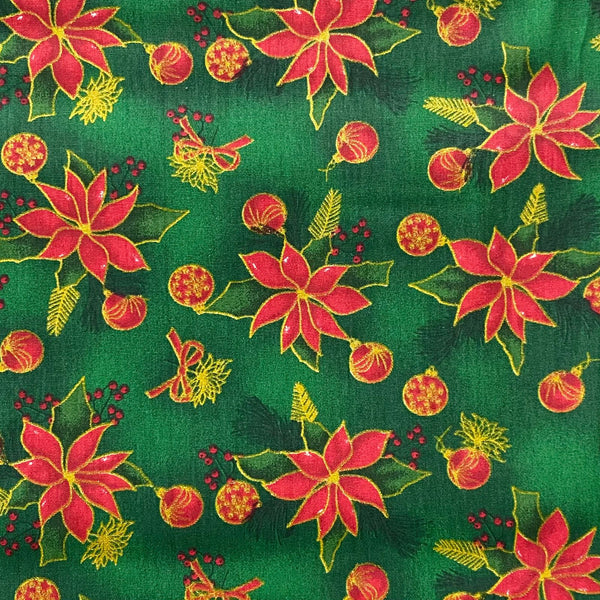 Tecido Tricoline Natal Floral com Bolas (Verde), 100% Algodão