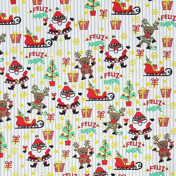 Tecido Tricoline Natal Papai Noel Com Trenó Branco, 100% Algodão