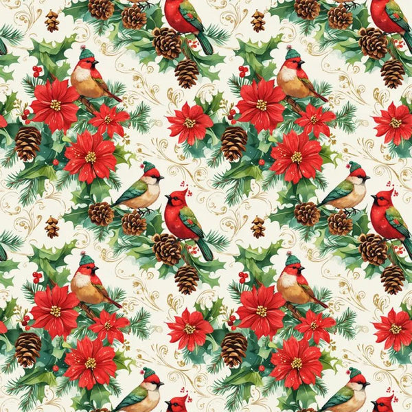 Tecido Tricoline Natal Pássaro Cardeal