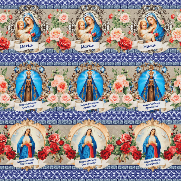 Tecido Tricoline Nossa Senhora Maria, Aparecida e das Graças com Rosas 100% Algodão